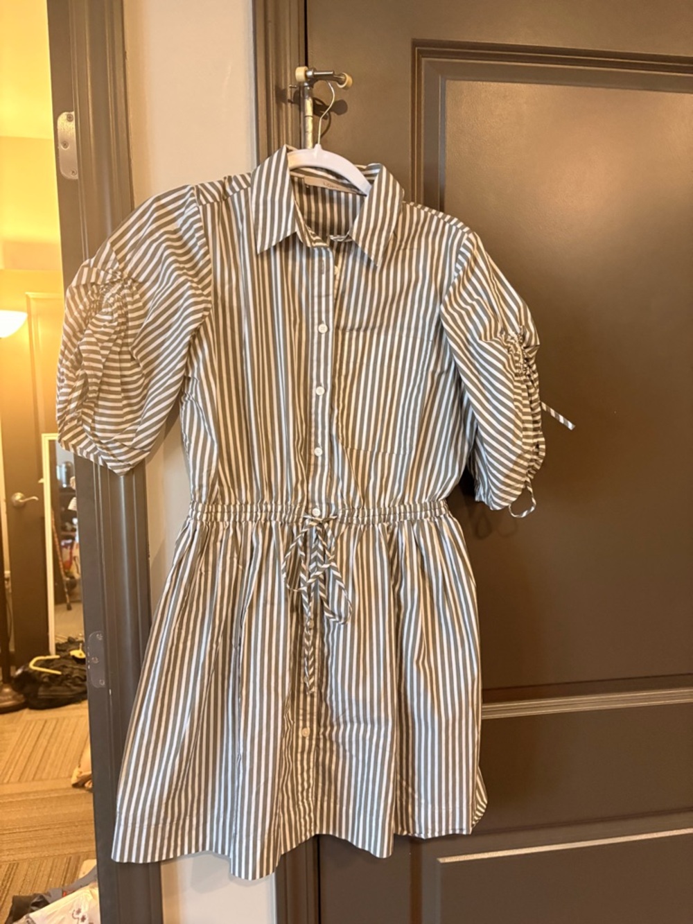 LOFT Cream and Tan Striped Button-Front Mini Dress